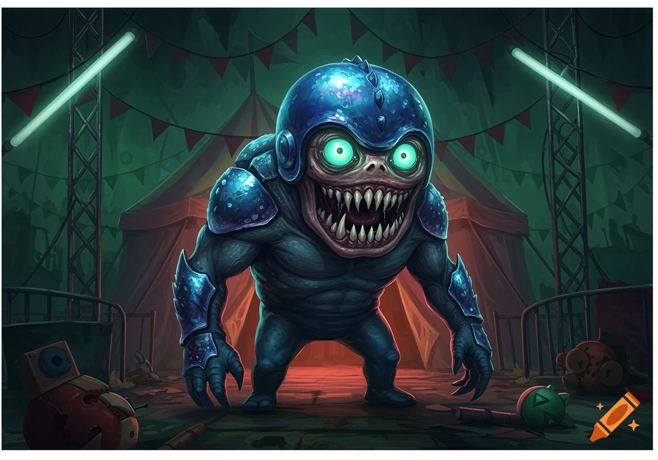 A cartoonish monster with a blue helmet, glowing green eyes, and sharp teeth stands in a dark circus tent with neon lights.