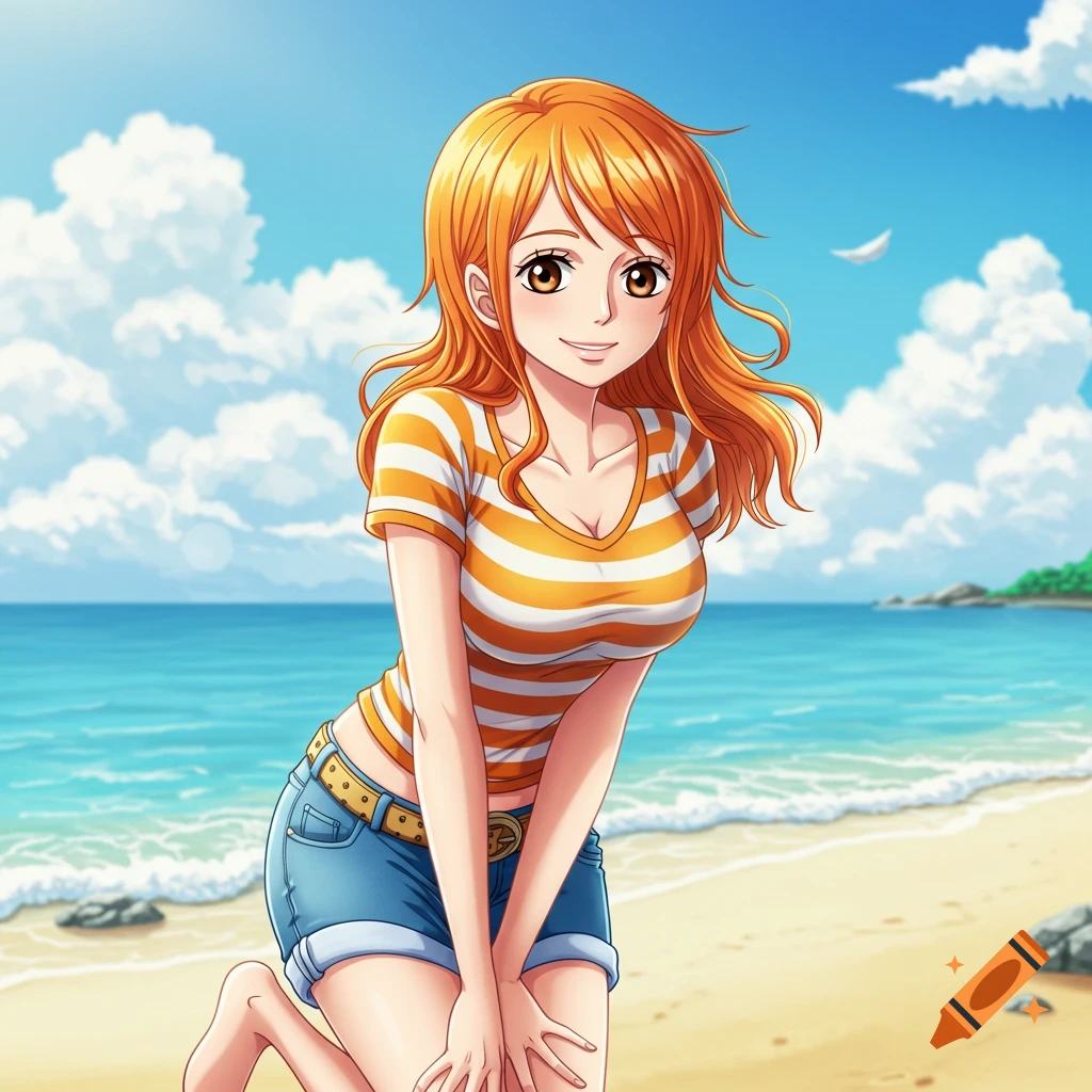 An anime character with long orange hair, wearing a striped t-shirt and denim shorts, kneels on a sandy beach by the ocean.