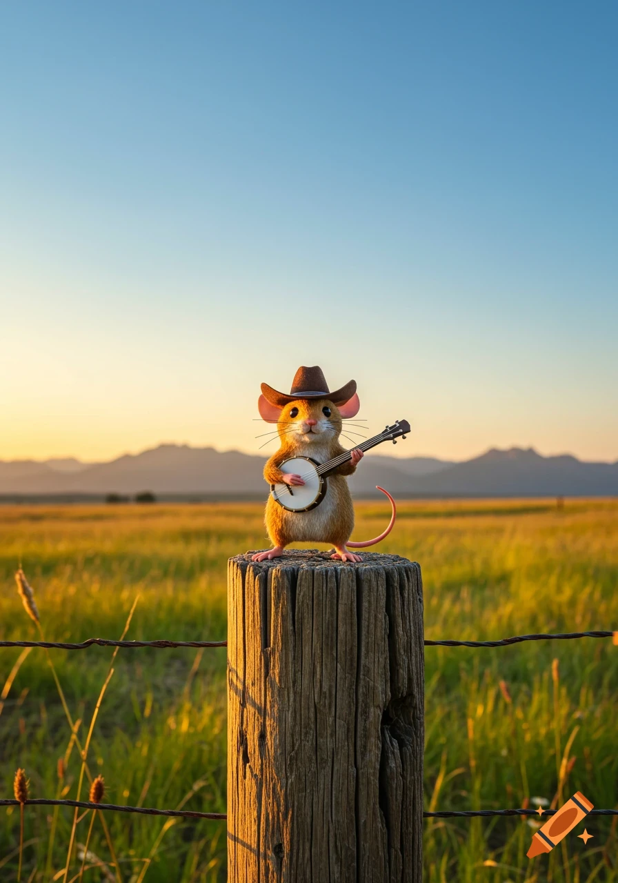 A photorealistic mouse wearing a cowboy hat plays a banjo while standing on a wooden fence post in a sunny, golden field with mountains in the background.
