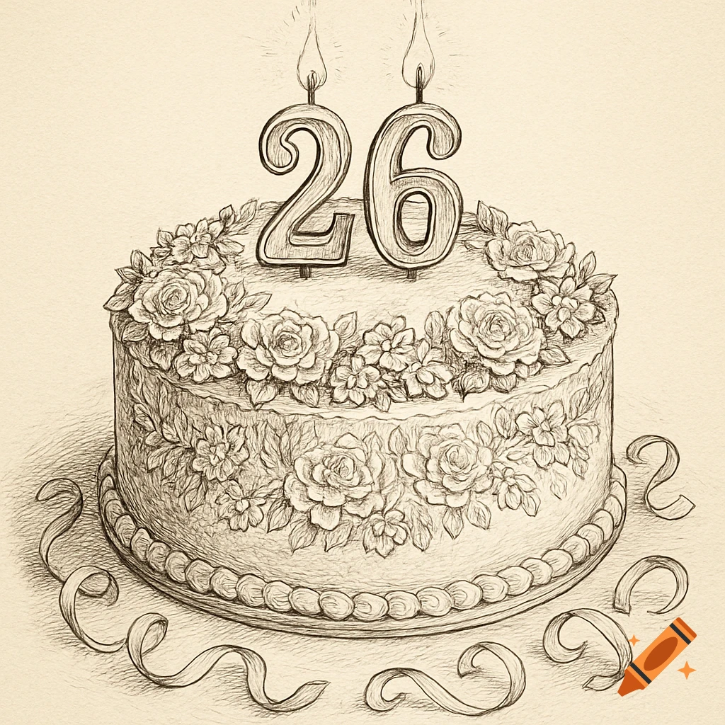 A hand-drawn sketch illustration of a birthday cake decorated with flowers and ribbons, topped with lit '26' numeral candles.