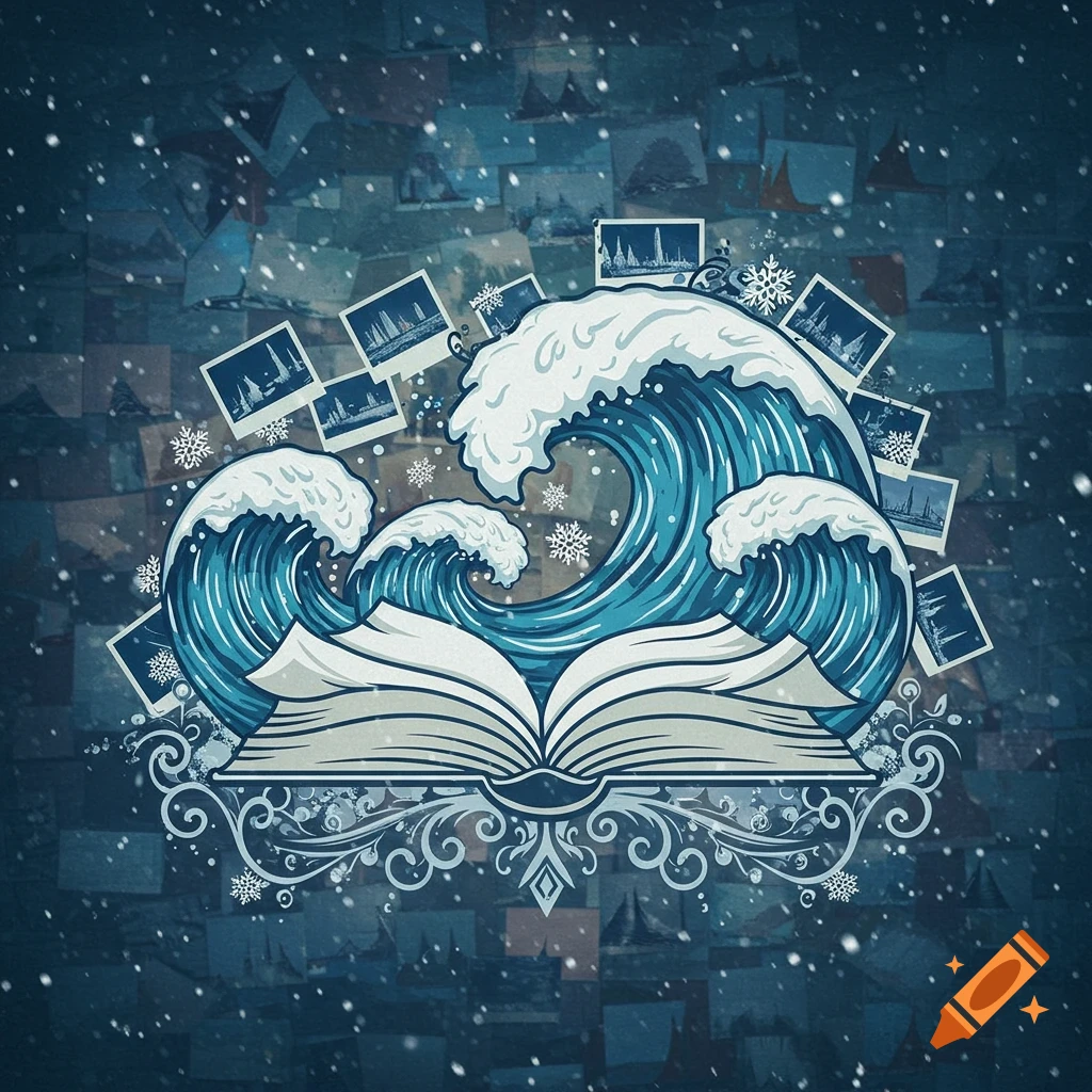 Stylized illustration of an open book with large ocean waves emerging from its pages, surrounded by falling snowflakes and small photographs.