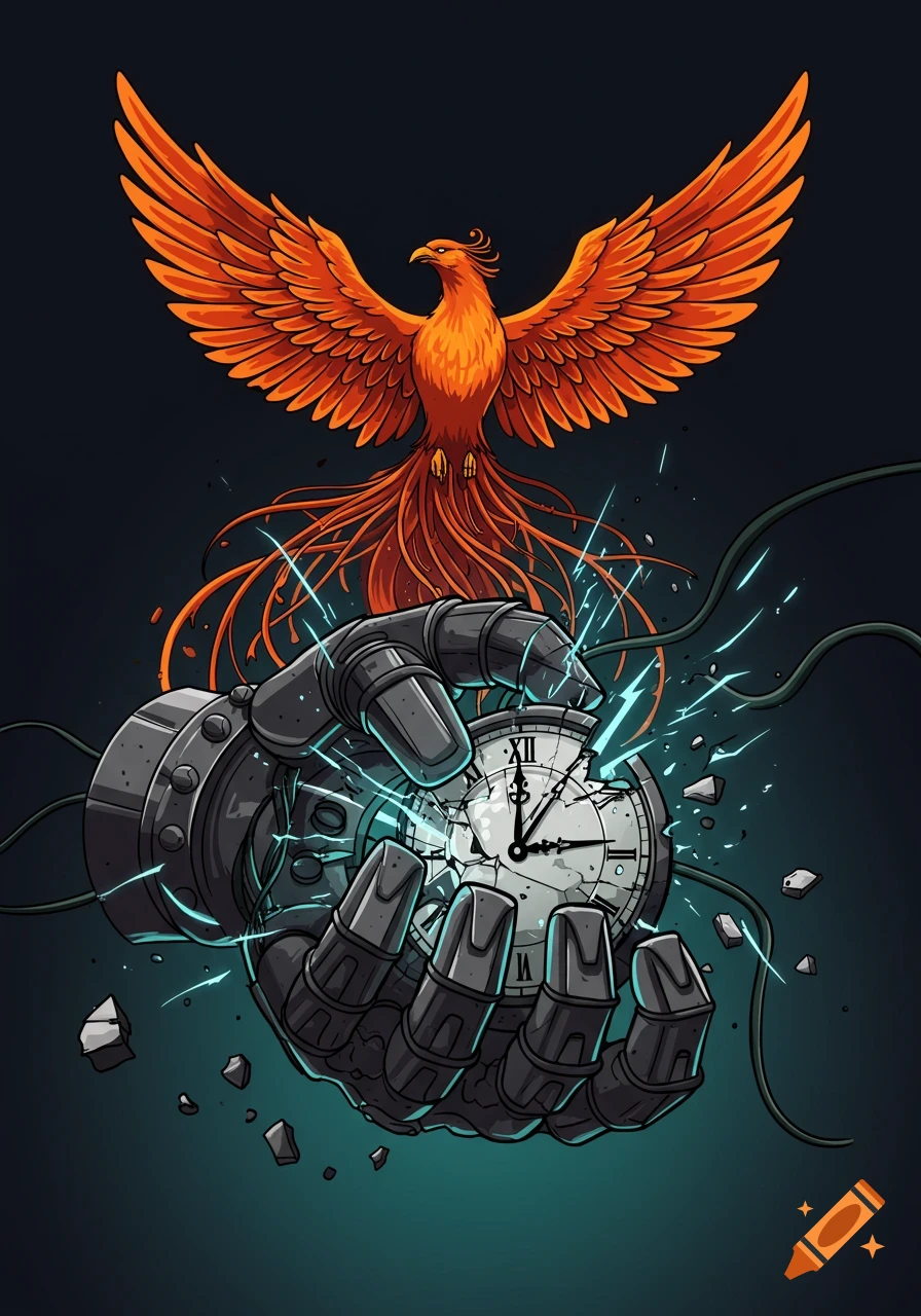 A vibrant orange phoenix soars above a dark robotic gauntlet crushing a shattered clock, with blue sparks. Detailed illustration.