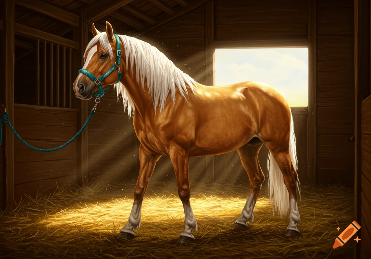 A photorealistic palomino horse with a golden coat, white mane and tail, wearing a teal bridle, stands in a sunlit stable filled with hay.
