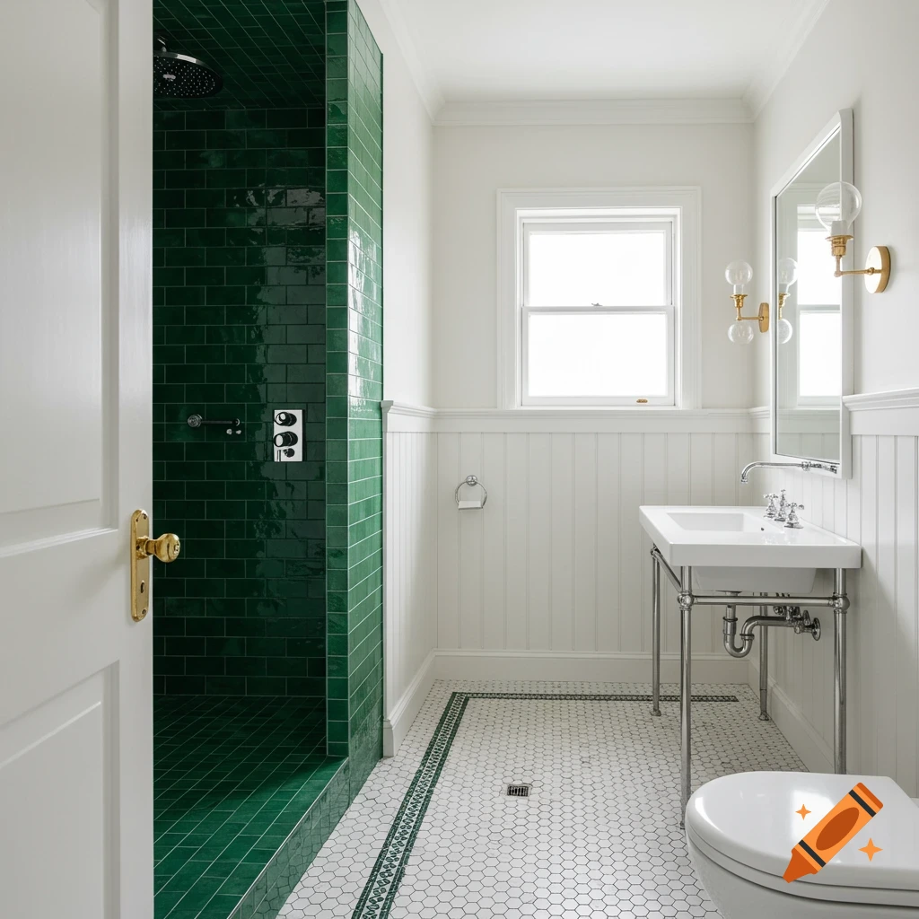 A photorealistic bright bathroom with a shower tiled in emerald green, white paneled walls, and white hexagonal floor tiles with a green border.