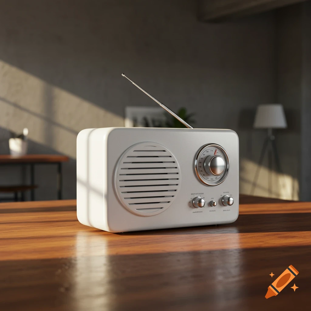 A white, cubic radio with an antenna sits on a shiny wooden table, illuminated by sunlight streaming through a window.