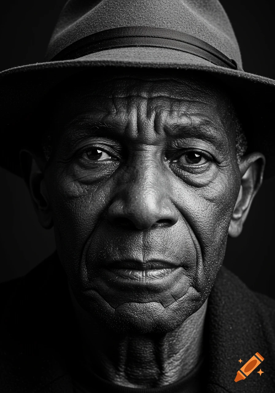 Close-up black and white photorealistic portrait of an elderly man in a fedora, looking intensely at the viewer.