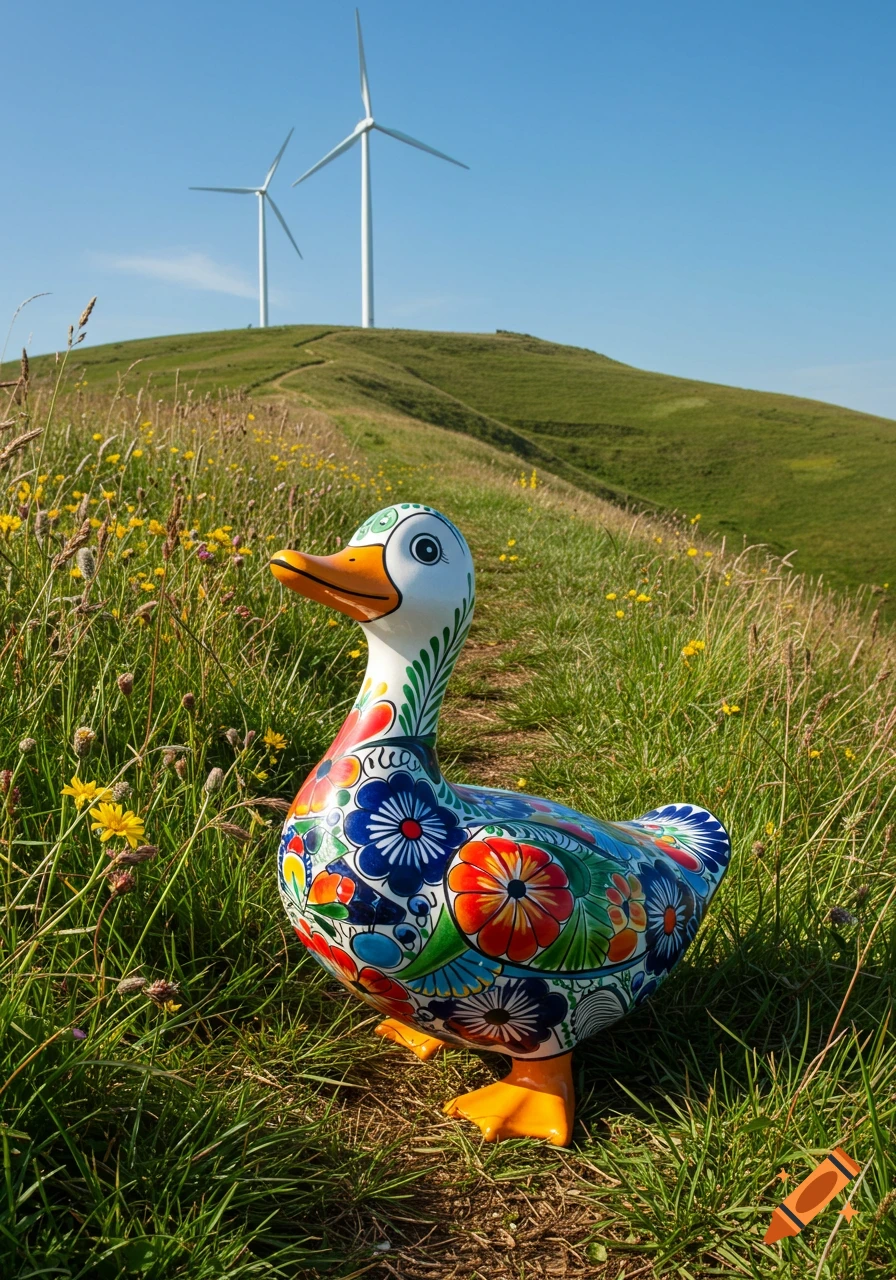A colorful Tonala-style ceramic duck stands on a grassy path on a hill, with wind turbines in the background under a blue sky.