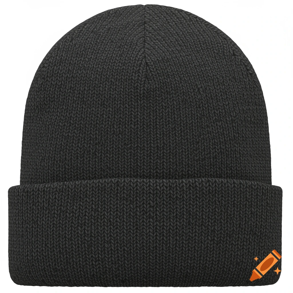 A dark grey knitted beanie hat, front view, against a white background.