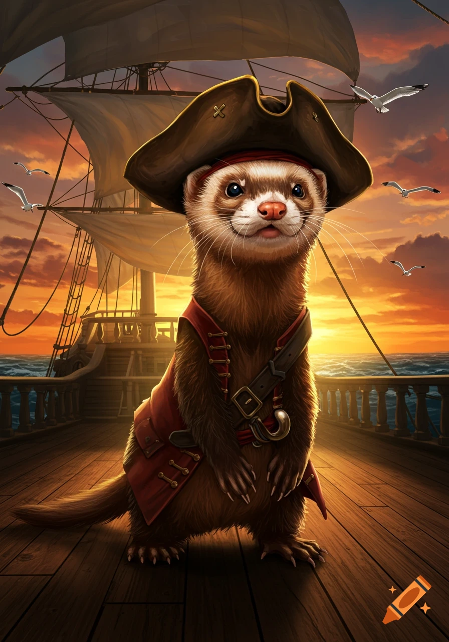 A cute ferret dressed as a pirate standing on a ship deck at sunset.