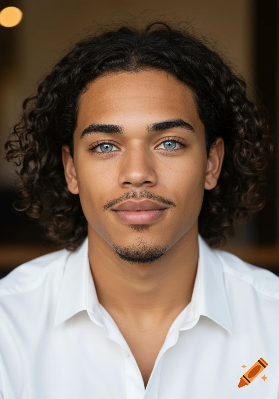 Photorealistic portrait of a man with light tan skin, curly dark hair, light grey eyes, mustache, and soul patch, wearing a white shirt.