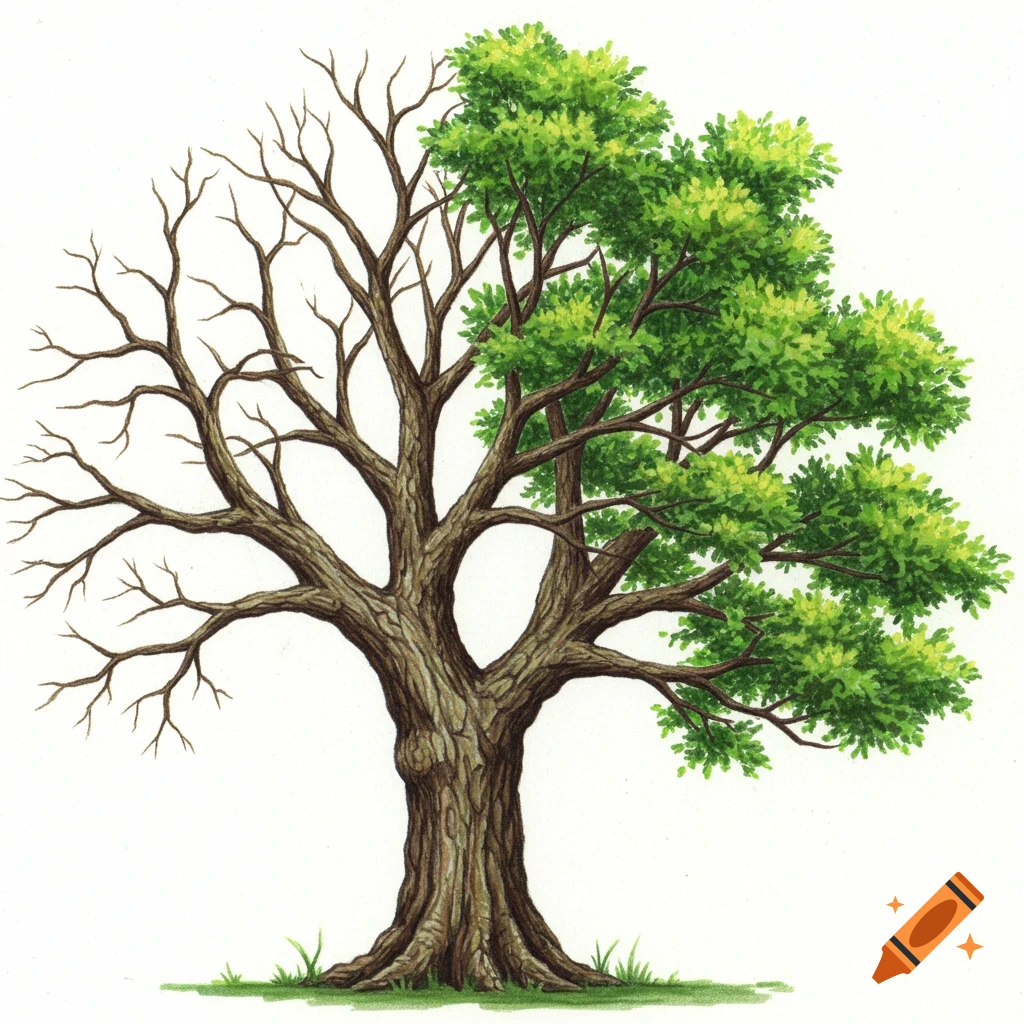 A color pencil illustration of a tree, with its left side bare and its right side covered in green leaves, depicting a transition from winter to spring.