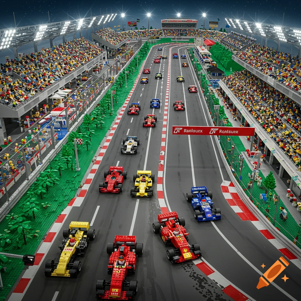 Overhead view of Lego Formula 1 race cars on a meticulously detailed Lego racetrack, with stands full of Lego spectators.