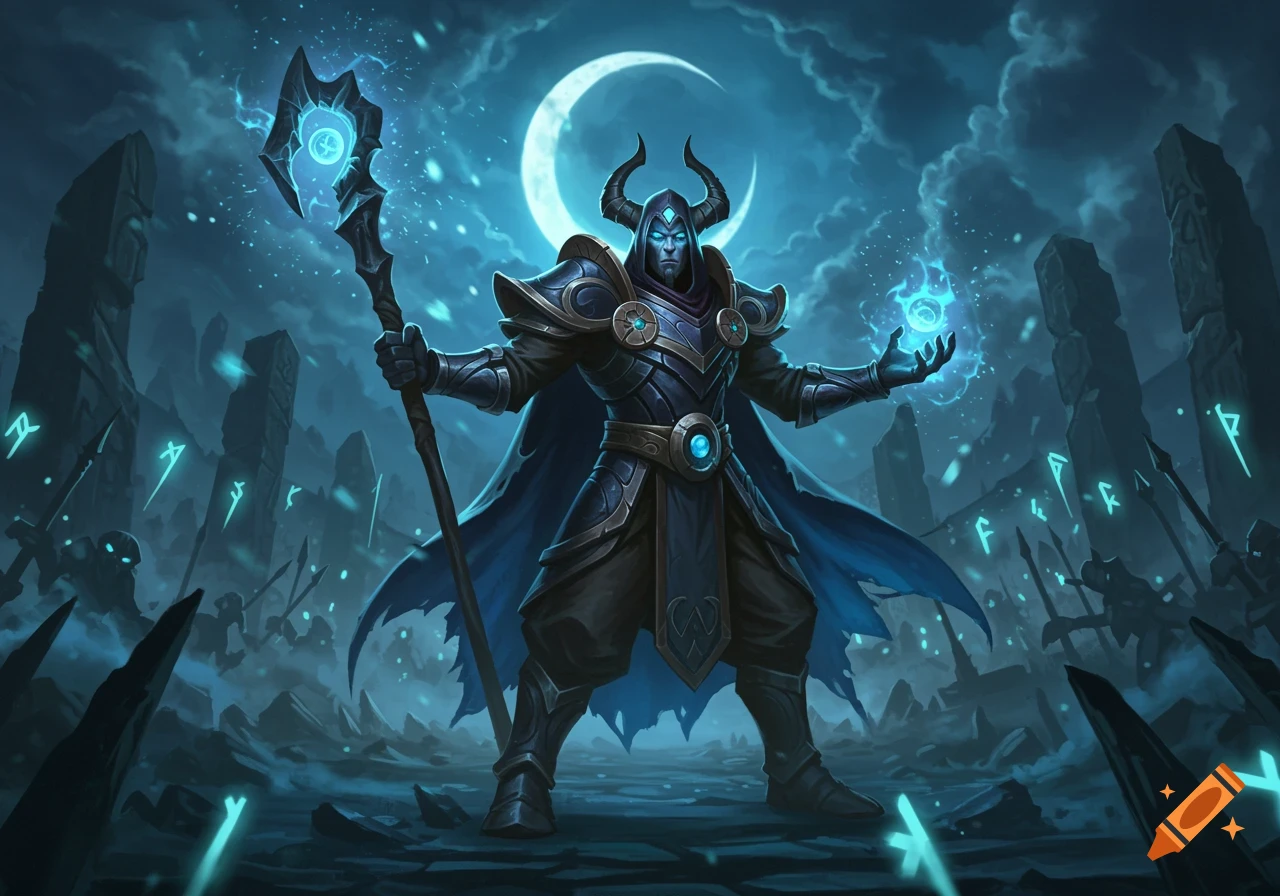 A powerful horned sorcerer in ornate armor holds a magical staff and glowing orb in a dark, rune-filled fantasy landscape under a crescent moon.