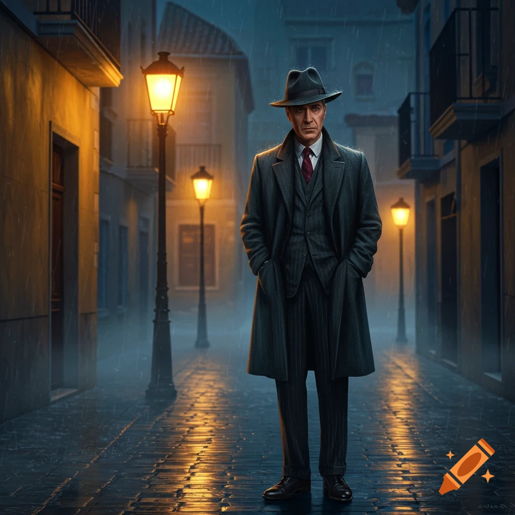 A man in a trench coat and fedora stands on a rainy, cobblestone street lit by streetlights at night, in a photorealistic, moody style.