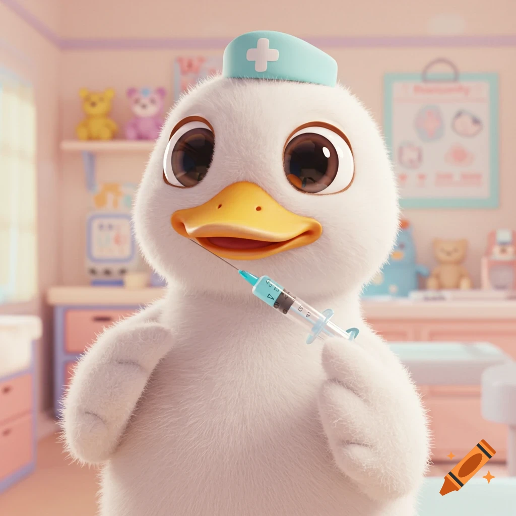 Cute cartoon duck wearing a nurse hat and holding a syringe in a medical clinic.