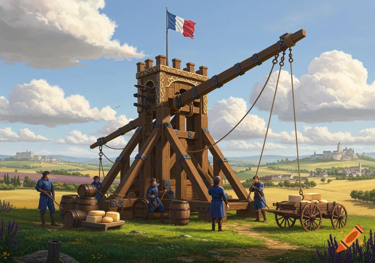 A large wooden trebuchet with a French flag, operated by men in a sunny field with distant castles.