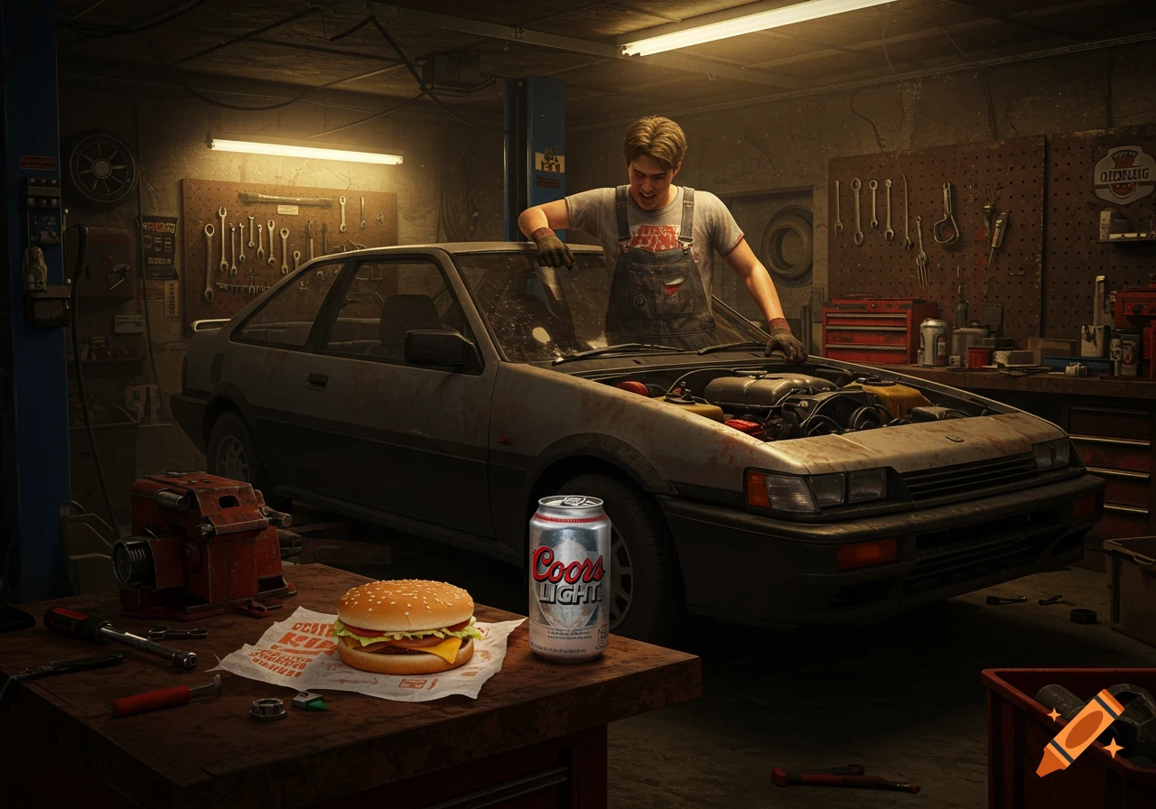 A smiling young man in overalls and a t-shirt works on an old import car with its hood open in a dimly lit garage, a burger and a beer can on a workbench in the foreground.