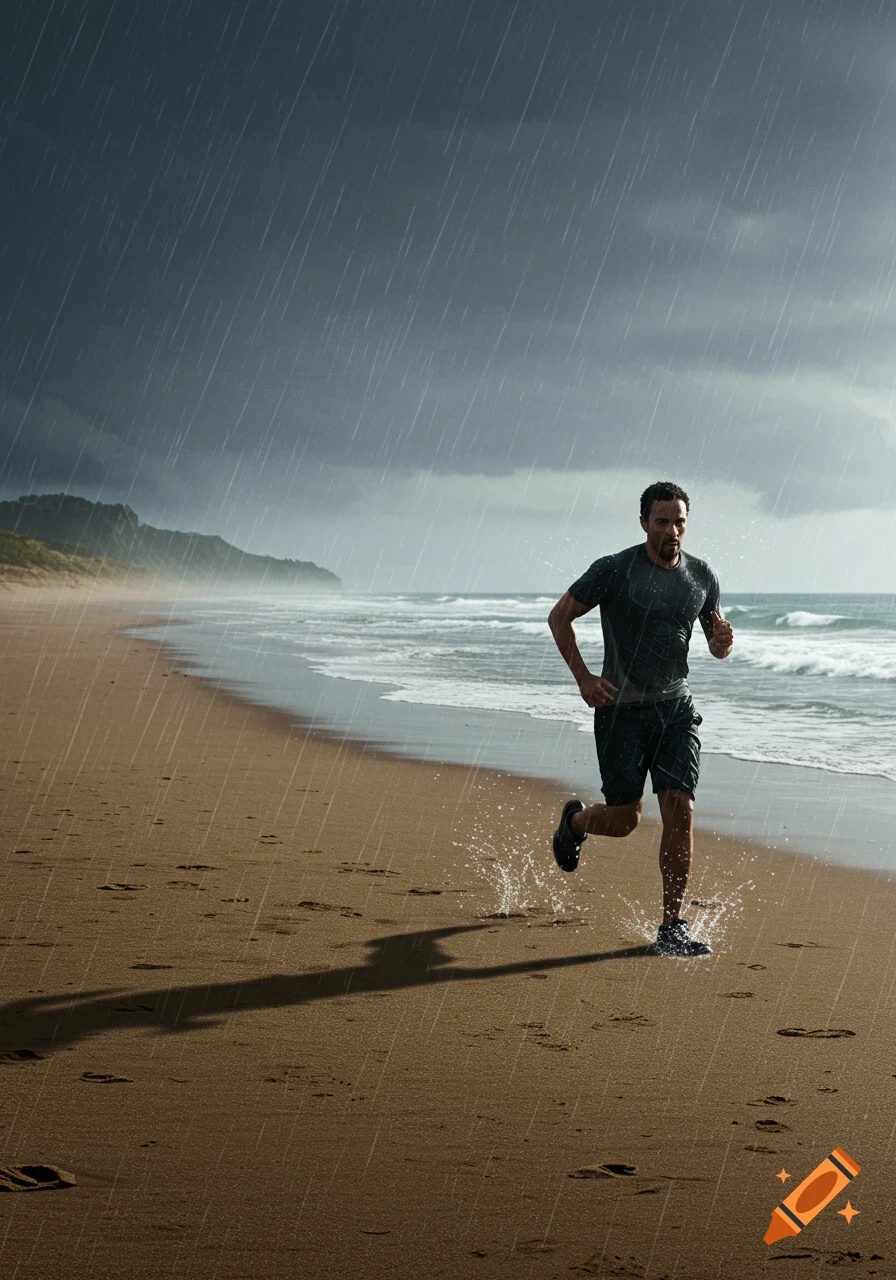 A man runs along a sandy beach as rain falls and waves crash.
