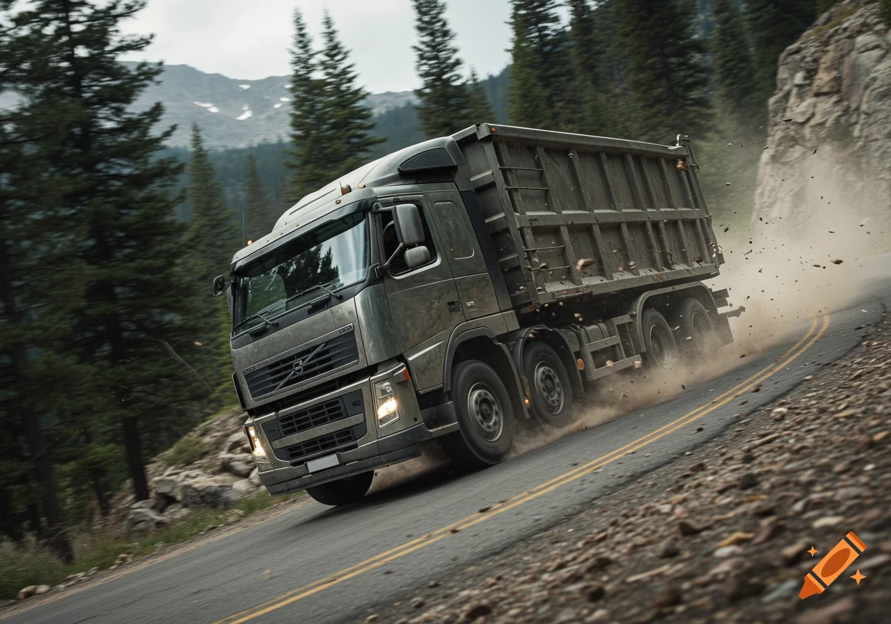 A large grey dump truck drives around a curve on a dirt road, kicking up dust, with mountains and pine trees in the background.