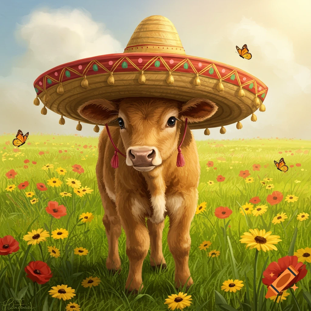 A cute baby cow wearing a sombrero stands in a vibrant field of yellow and red flowers with butterflies flying around.