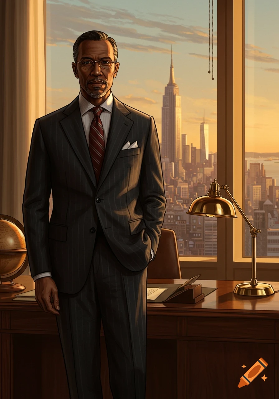 Illustrated portrait of a well-dressed man in a suit standing in an office with a city skyline view at sunset.