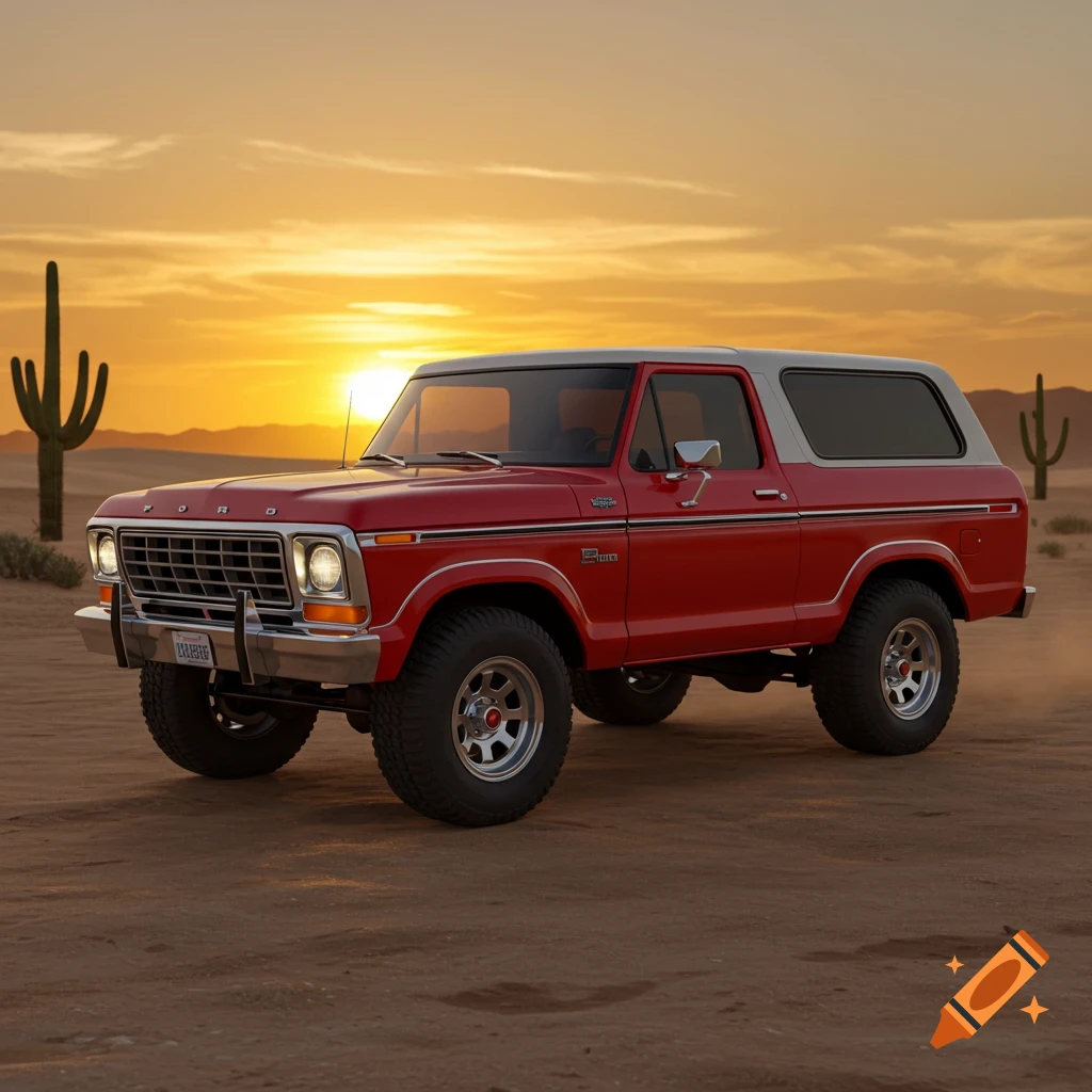 A red 1978 Ford Bronco with a white hardtop is parked on sand in a desert at sunset, with a large saguaro cactus on the left.