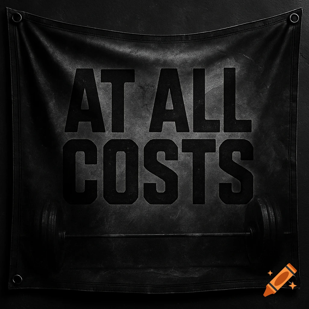 A dark, textured gym flag with the words AT ALL COSTS in bold black letters, and a barbell below it.