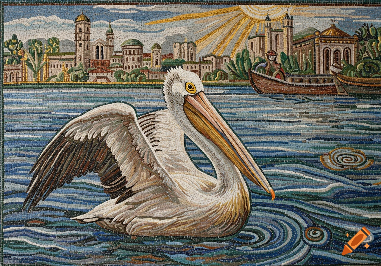 A mosaic art piece shows a white pelican swimming in blue water with a distant city and boats under a bright sun.
