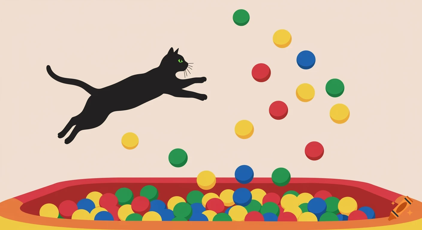 A black cat jumps over a colorful ball pit with red, yellow, green, and blue balls flying out.