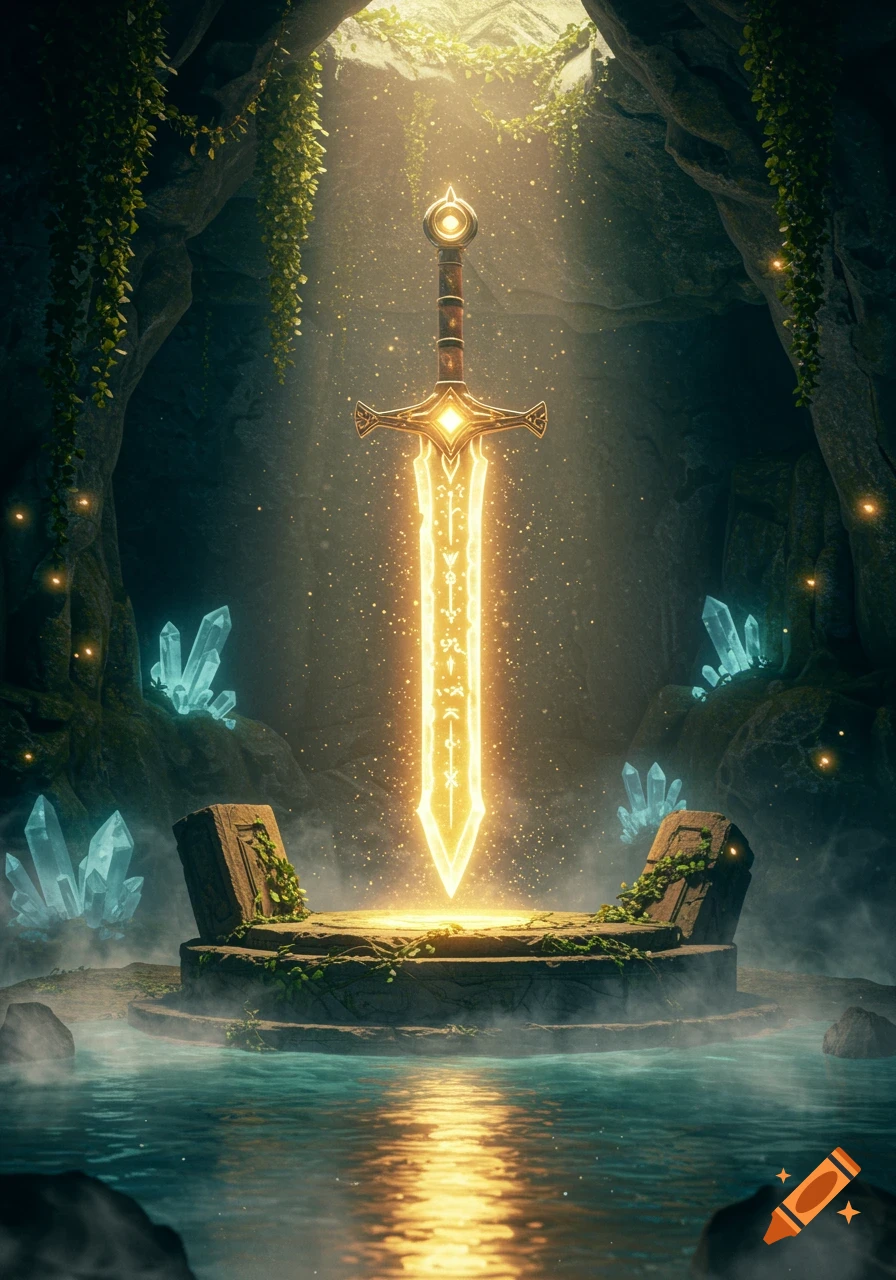 A radiant golden sword stands on a stone altar in a mystical cave with glowing crystals and water.