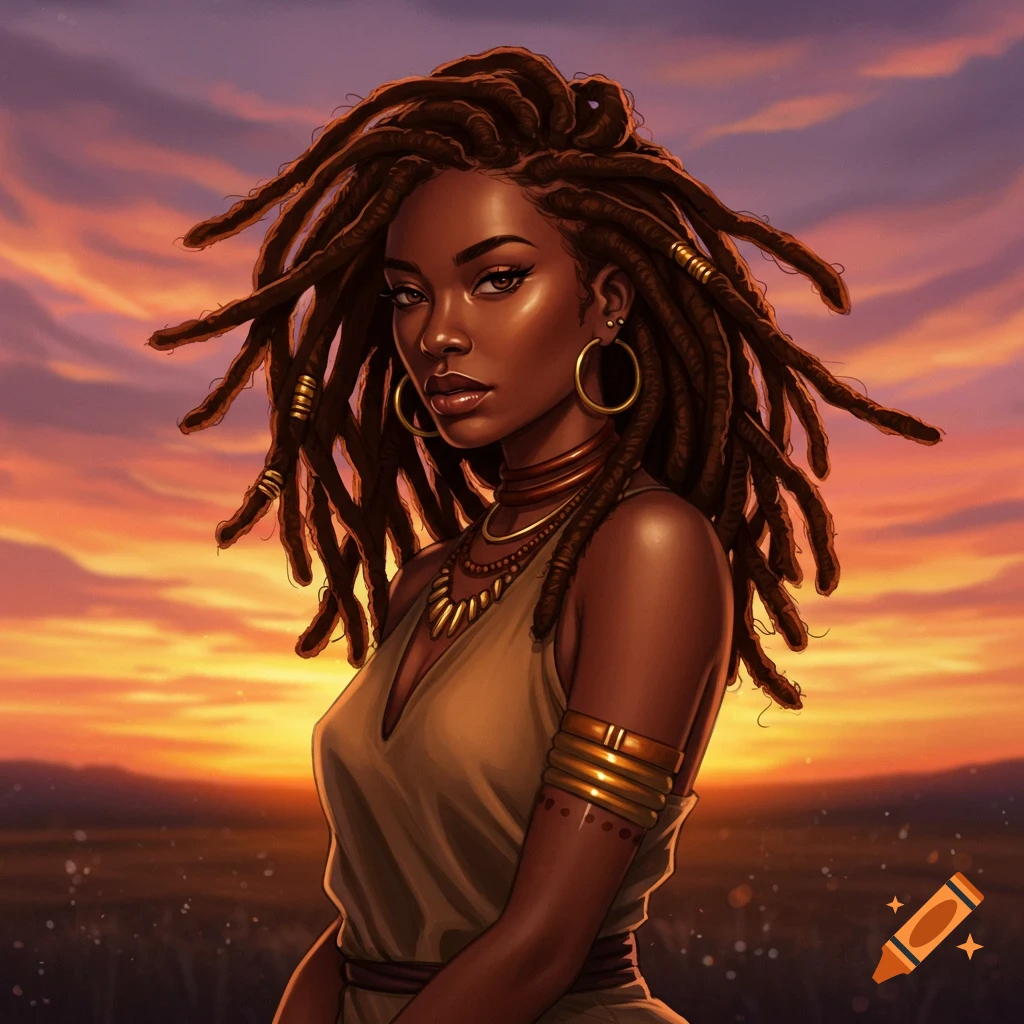 A stunning portrait of a Black woman with long locs and golden jewelry, against a vibrant orange and purple sunset sky over a field.