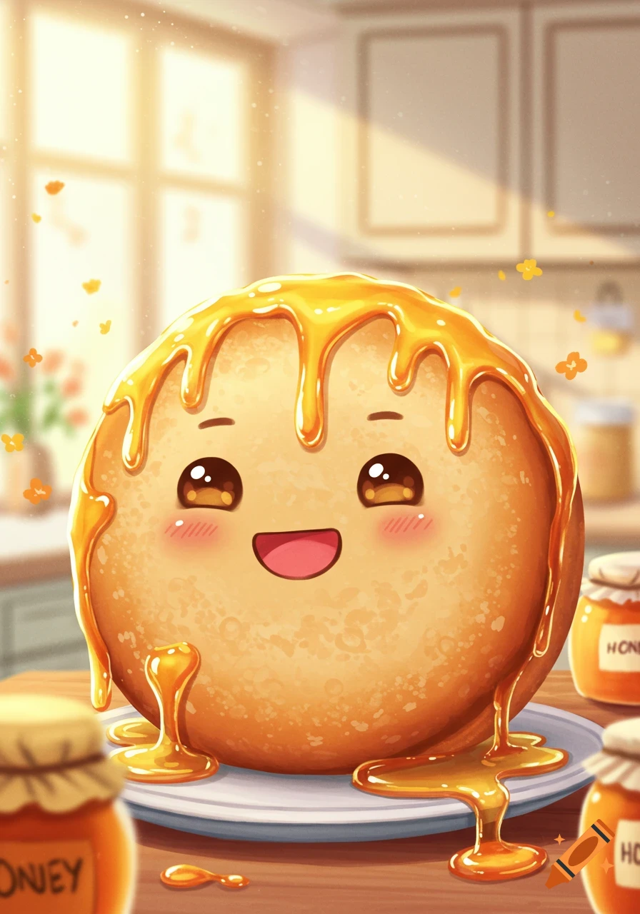 A cute, smiling anime bannock drenched in honey, sitting on a plate in a sunlit kitchen with honey jars.