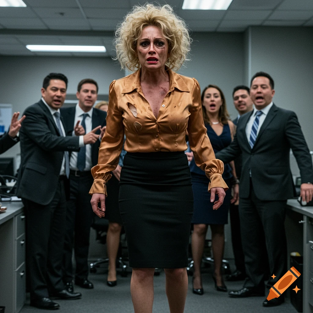 A distraught woman with messy blonde hair and a torn blouse stands in an office with shocked colleagues.