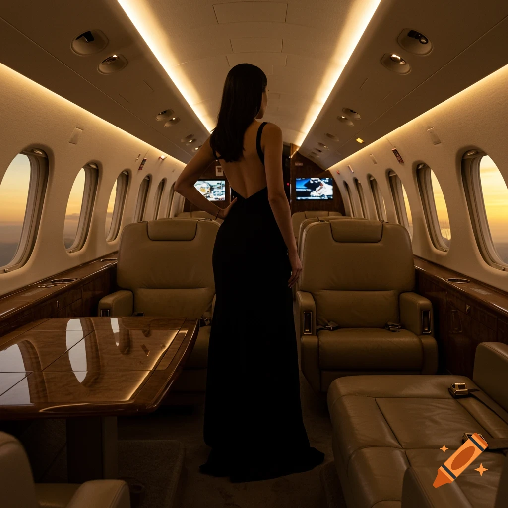 A woman in a black, backless dress stands facing away, looking out the window of a luxurious private jet at sunset.