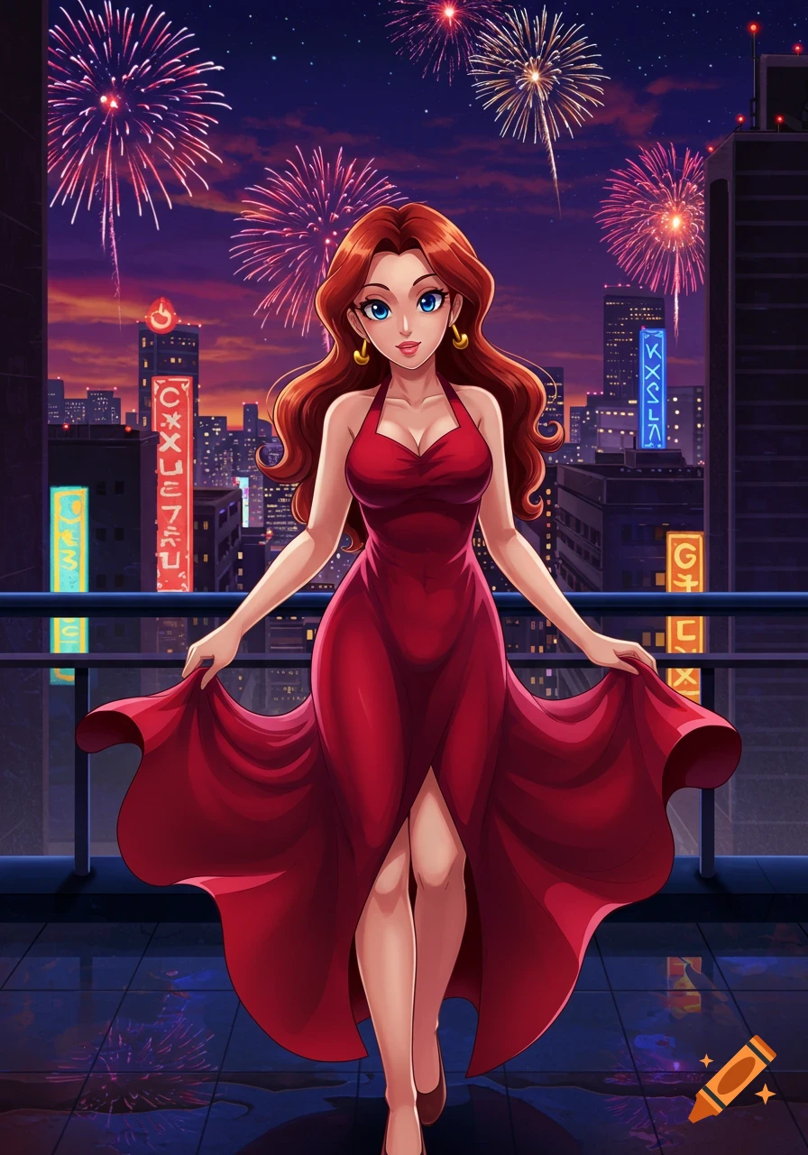 Anime character in a red dress on a balcony overlooking a city with fireworks at night.