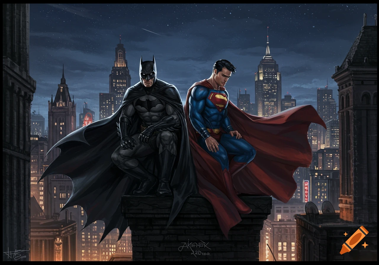 Batman and Superman in their iconic costumes sitting on a dark rooftop overlooking a vast, illuminated city at night, in a detailed comic art style.
