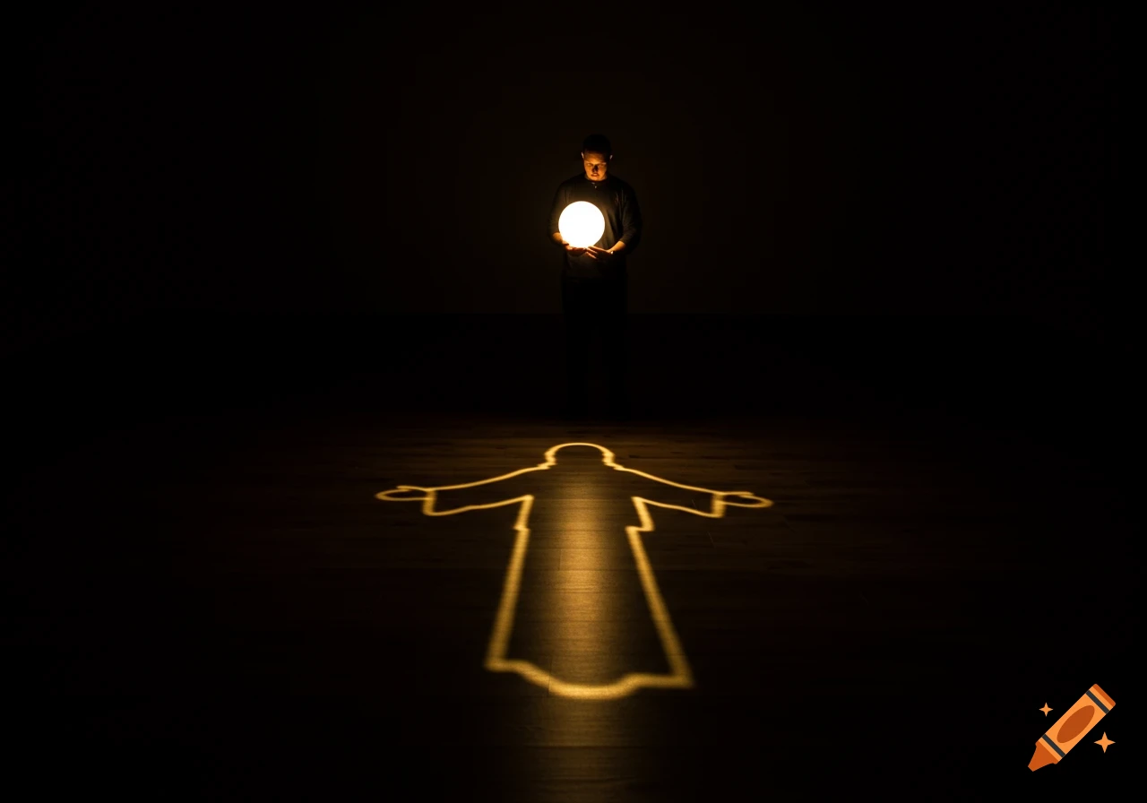 A male figure holding a glowing orb casts a bright silhouette of Jesus Christ with outstretched arms onto a dark floor in a photorealistic style.