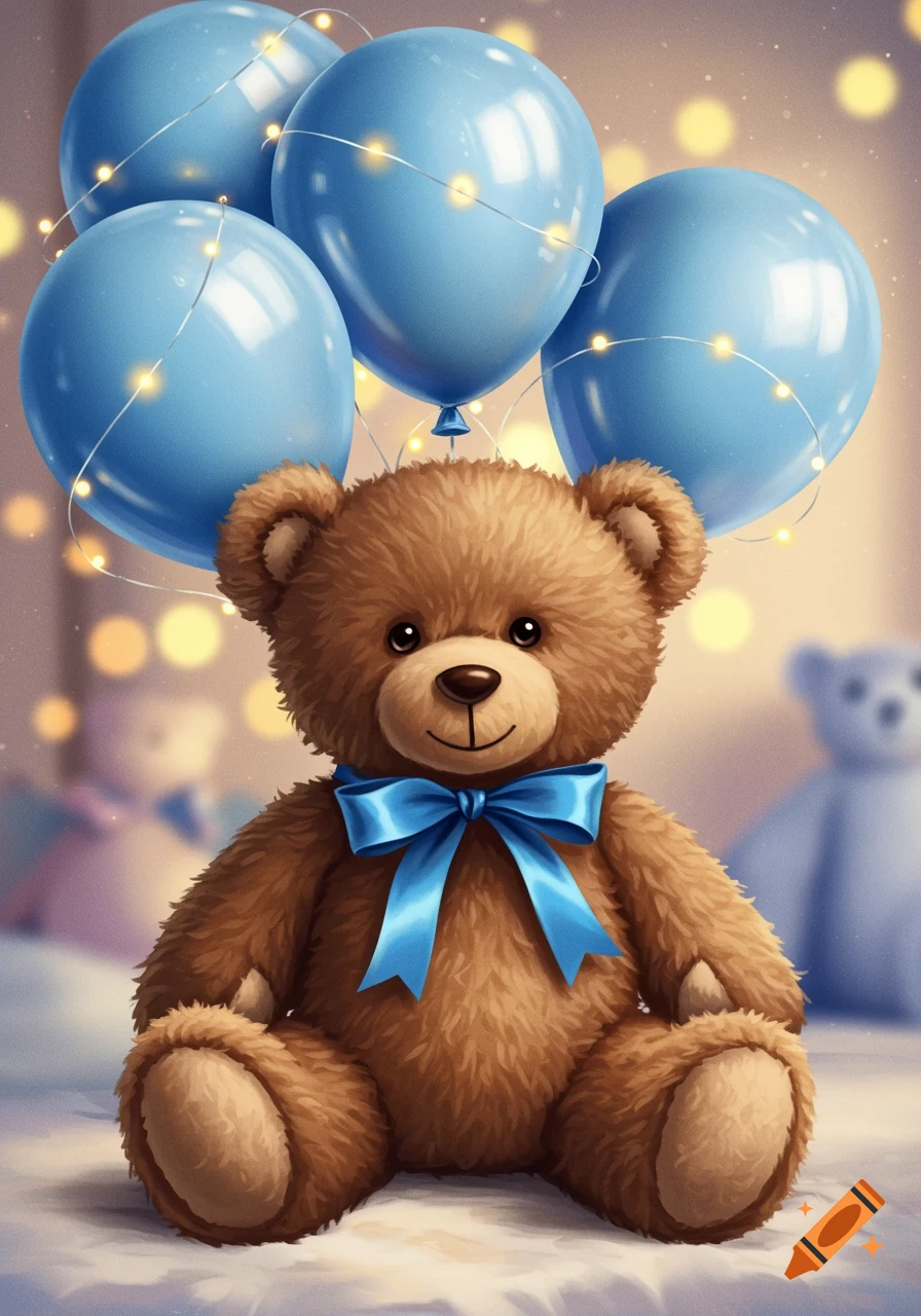 A cute brown teddy bear with a blue bow sits surrounded by blue balloons and sparkling fairy lights.