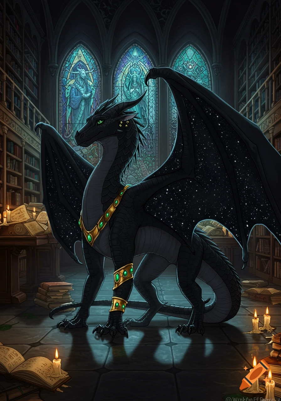 A black dragon with starry wings and emerald gold jewelry stands in a dimly lit library filled with books and candles, bathed in light from stained glass windows.
