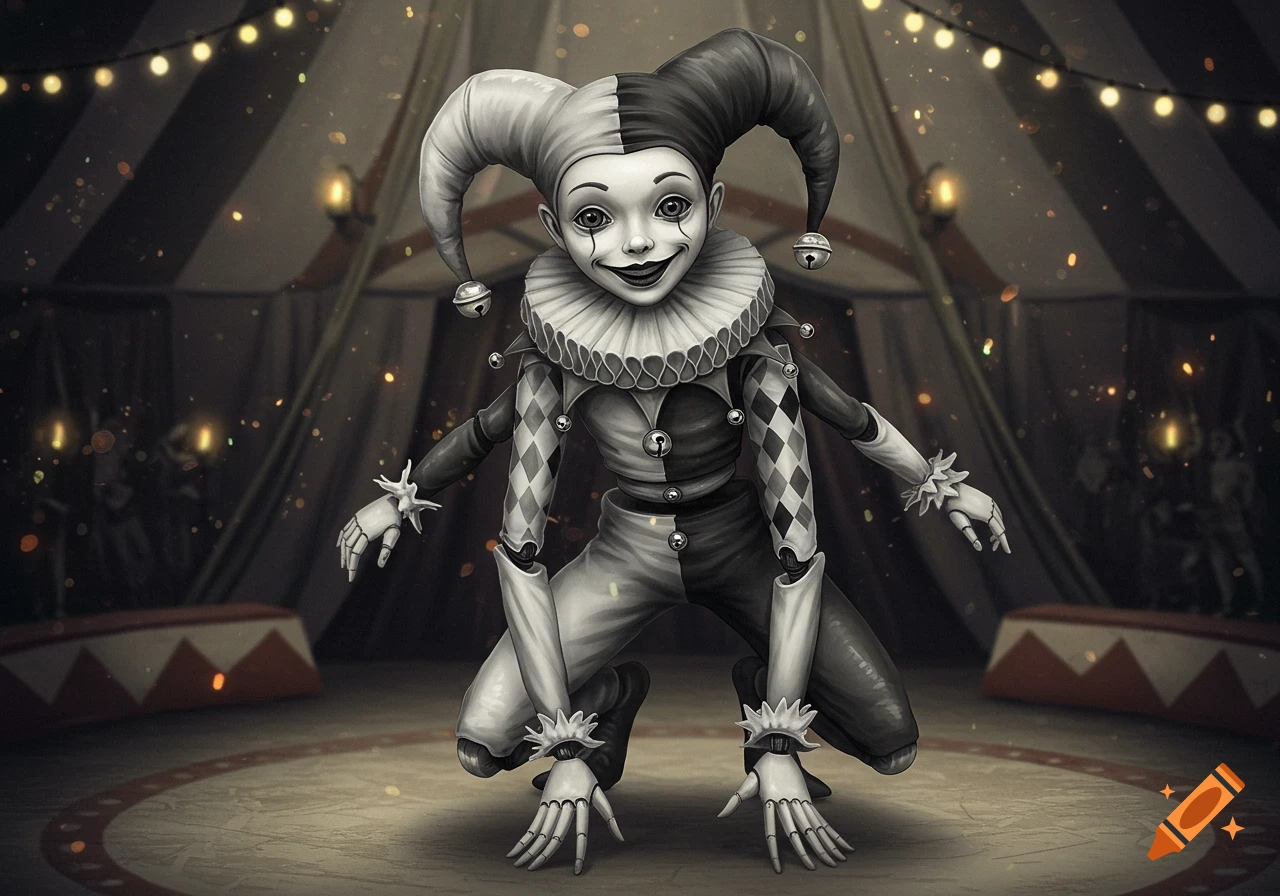 Black and white jester with doll joints and multiple arms, grinning in a circus tent with string lights.
