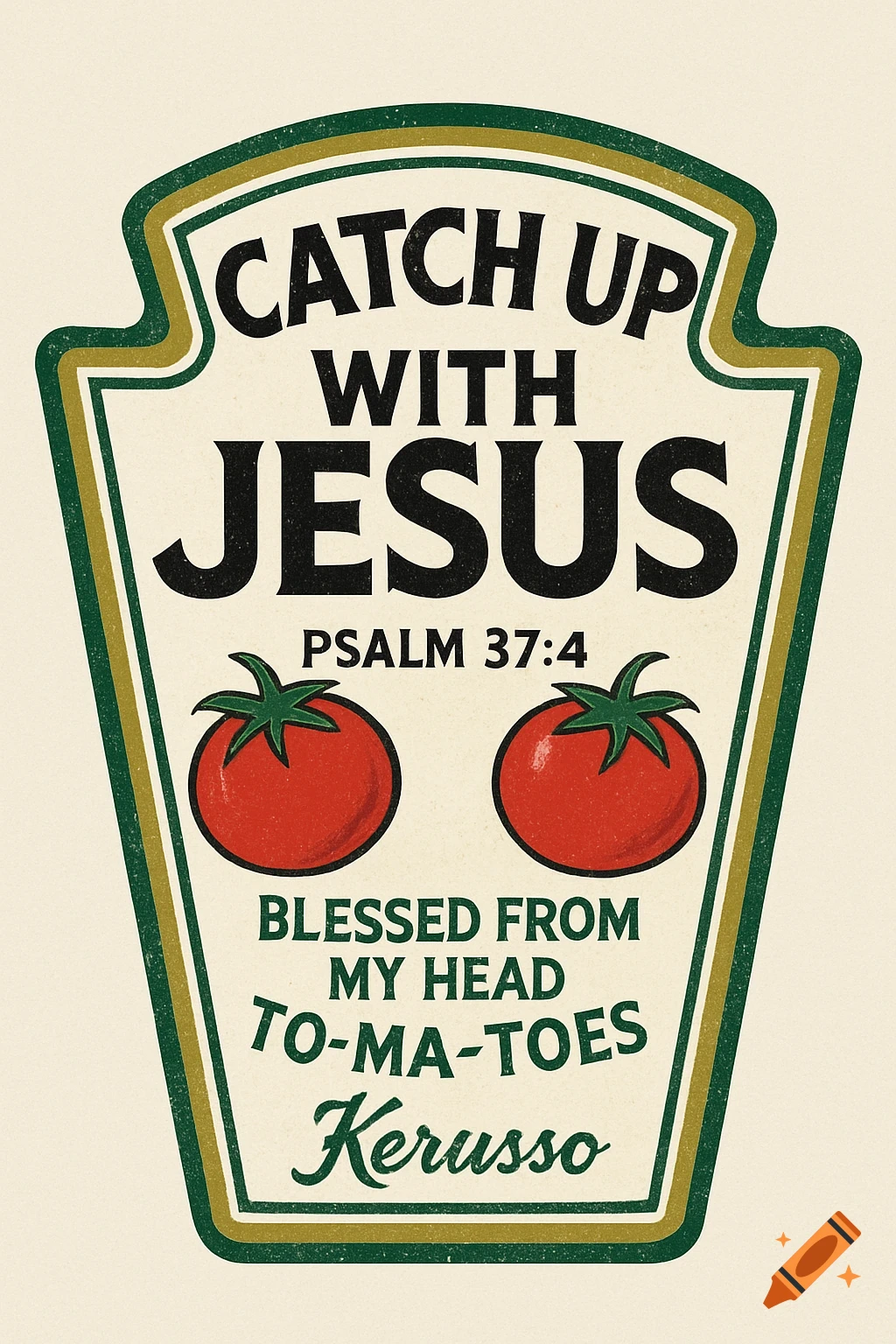 Vintage-style graphic design resembling a ketchup label with 'Catch Up With Jesus' text and two red tomatoes.