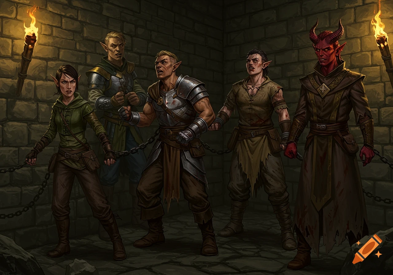 Five fantasy adventurers, including elves, a human, and a red-skinned tiefling, are chained in a dark dungeon, lit by torches.