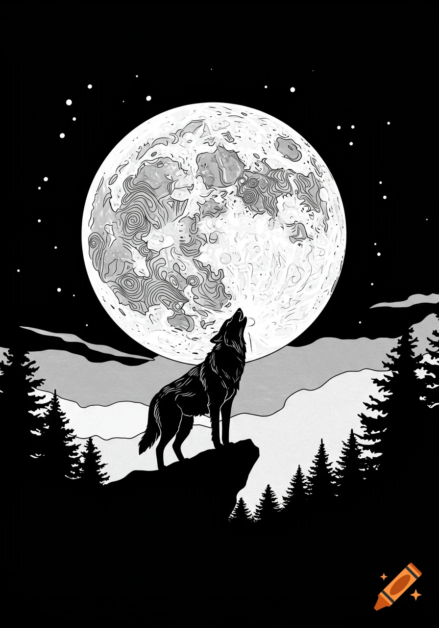 A black and white line drawing of a wolf howling at a large full moon in a starry night sky over mountains and pine trees.