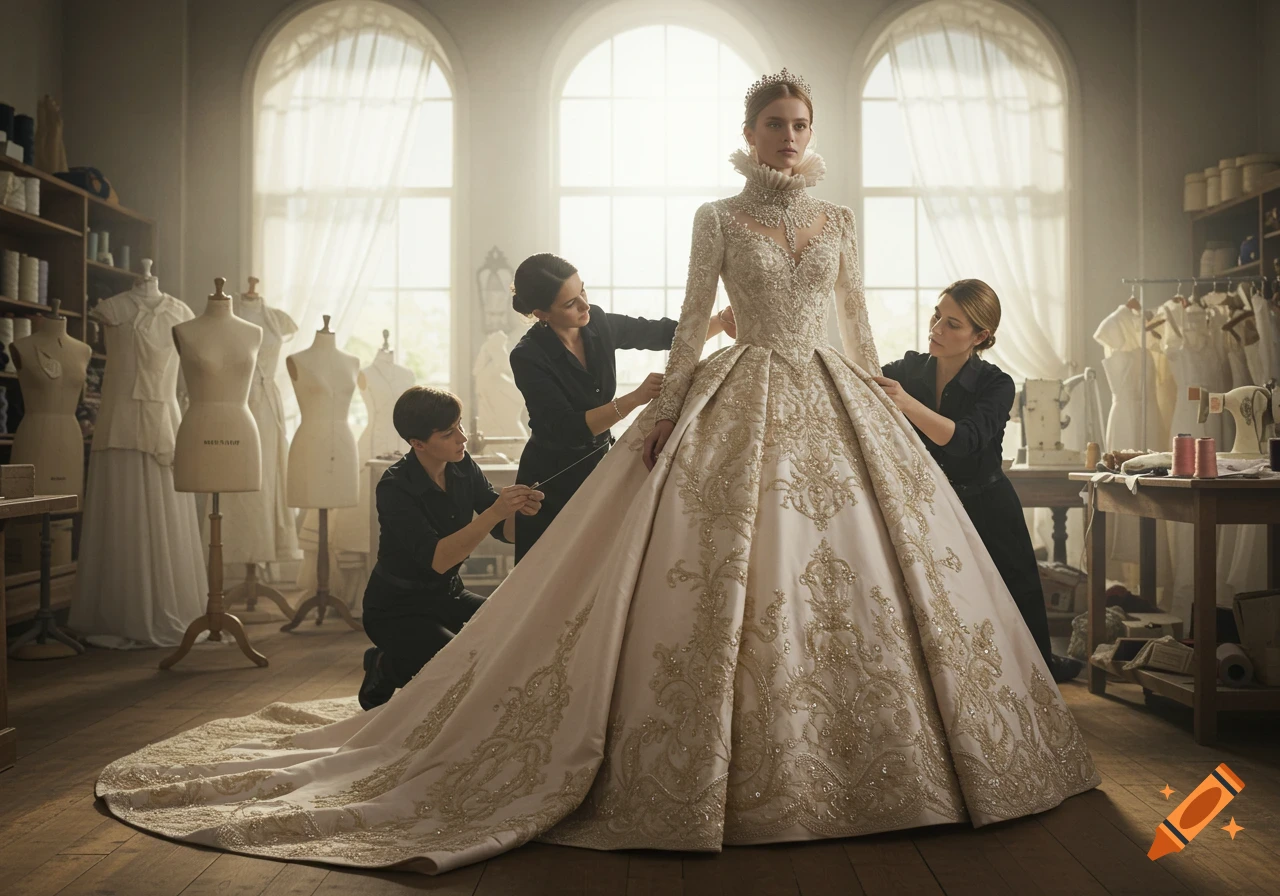 A woman in an elaborate, embellished gown is being fitted by three tailors in a brightly lit design studio with mannequins.