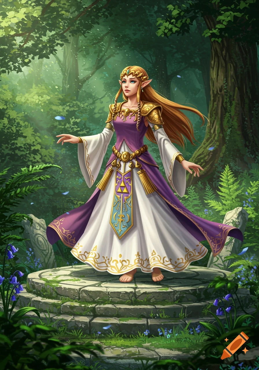 Princess Zelda in a purple and white dress stands on a stone pedestal in a lush, sun-dappled forest.