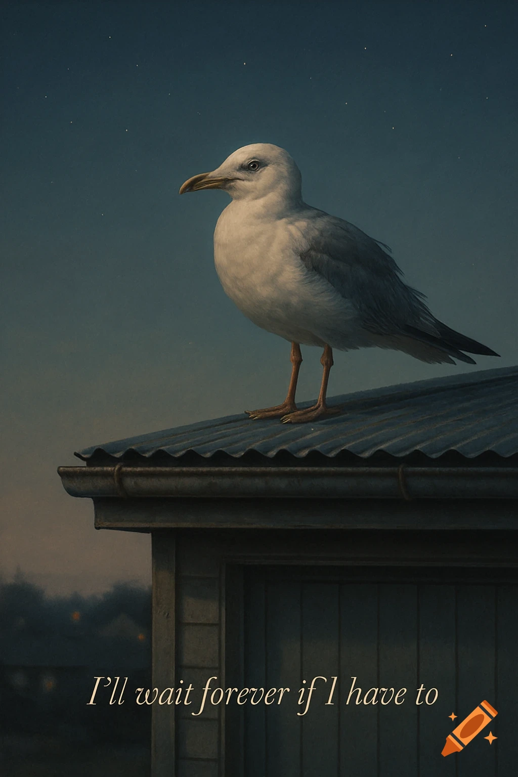 A photorealistic image of a seagull sitting on a corrugated metal garage roof at night, with subtle stars in the dark sky and the caption 'I'll wait forever if I have to'.