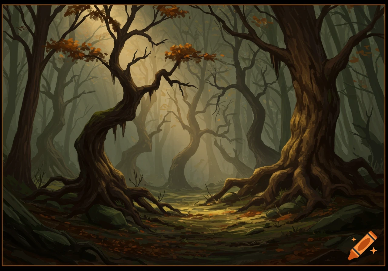 A dark, mystical forest with gnarled trees, mist, and light filtering through the canopy.