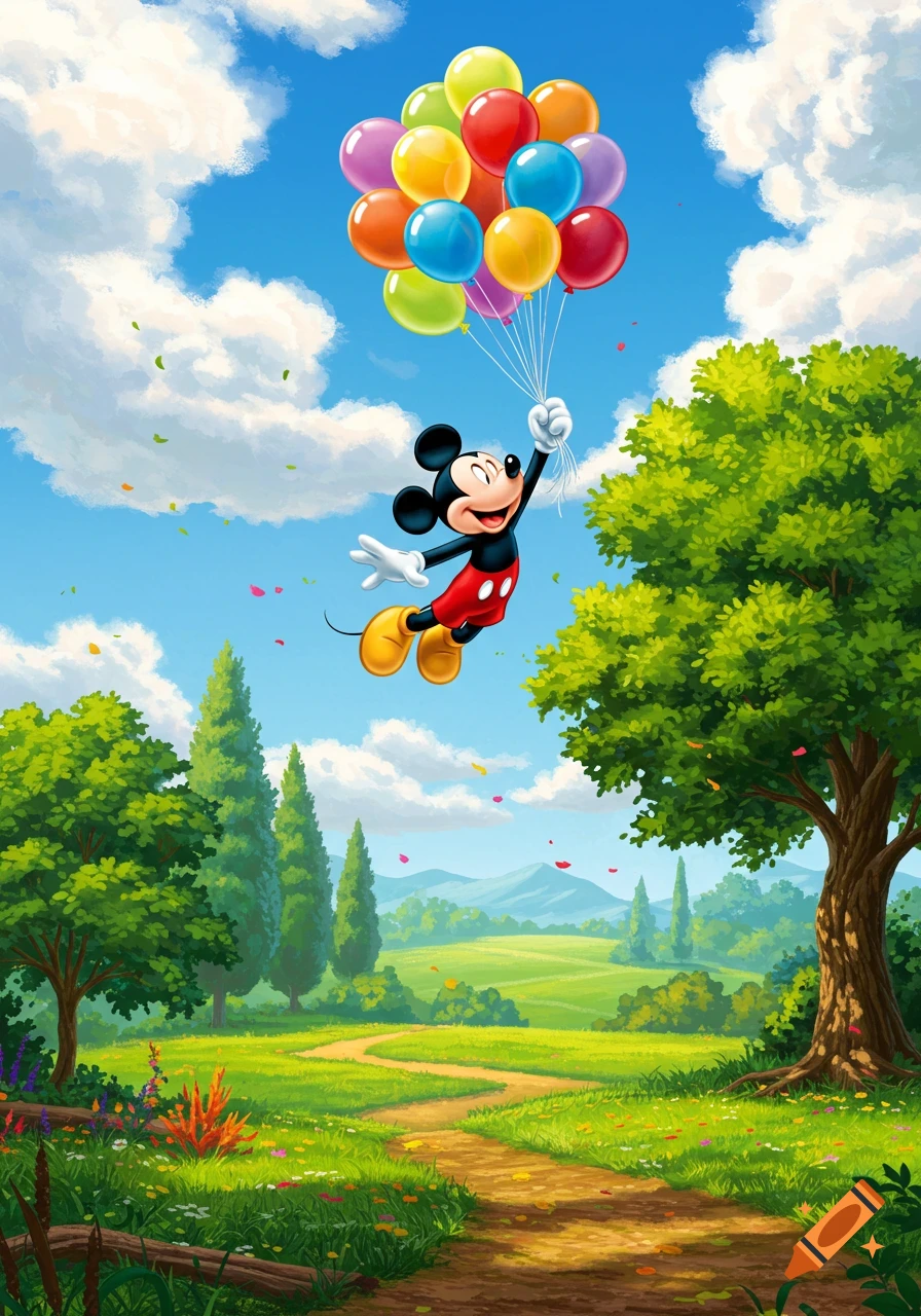 Mickey Mouse flies in a bright blue sky, holding colorful balloons, over a vibrant green landscape with trees and a path.