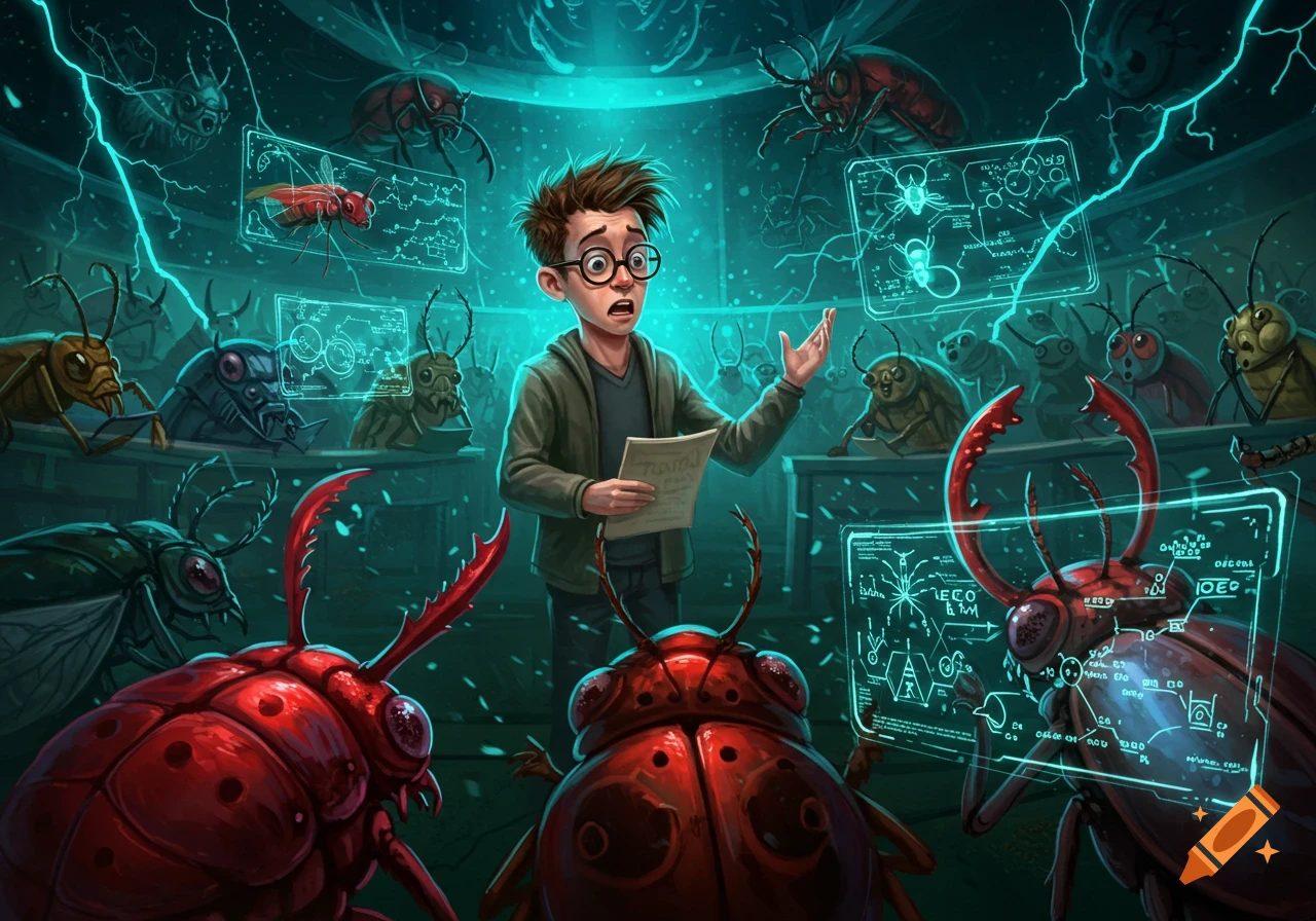 A boy with glasses presents a paper to an audience of cartoon bugs in a futuristic lab with glowing blue holographic screens.