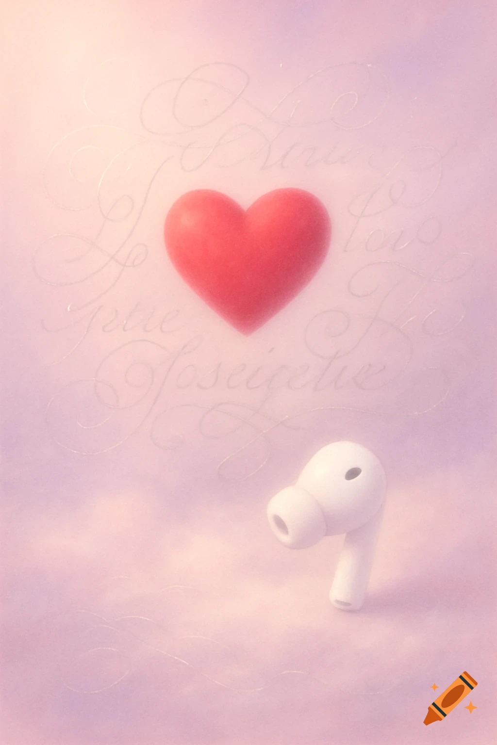 A red heart and a white earbud float above illegible faint text on a soft pink background.